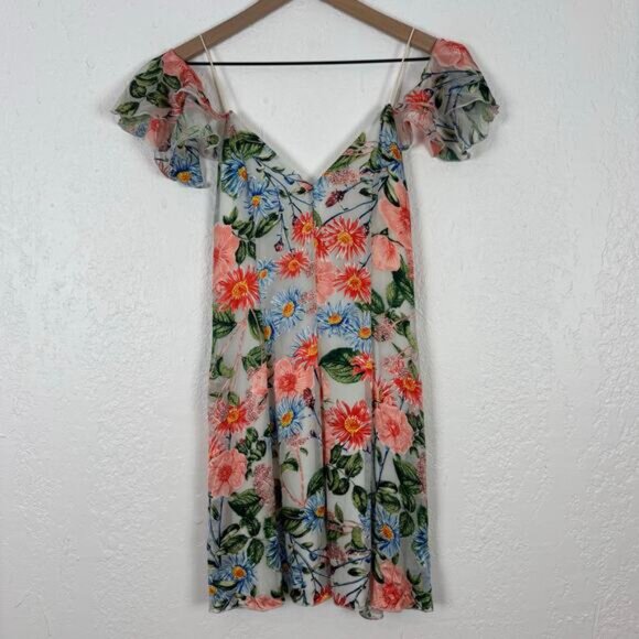 Alice + Olivia Floral Fields Burnout Alves Silk Cold Shoulder Mini Dress Size 2 - Picture 3 of 7